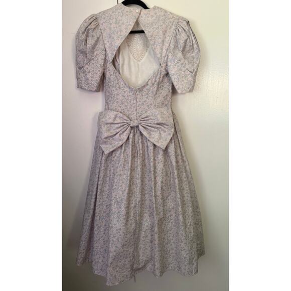 Vintage 80’s Jessica McClintock Designer Grey White Bow Floral Romantic Dress XS - Picture 2 of 8